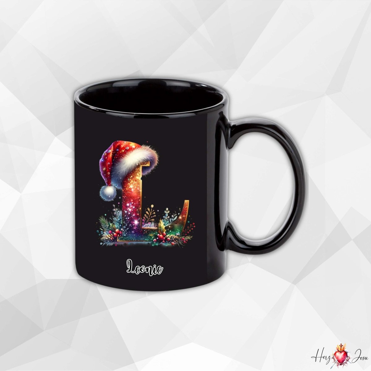 Personalisierte schwarze Keramik Weihnachtstasse mit deinem Namen Weihnachtsgeschenk_0095T - Herz Jesu