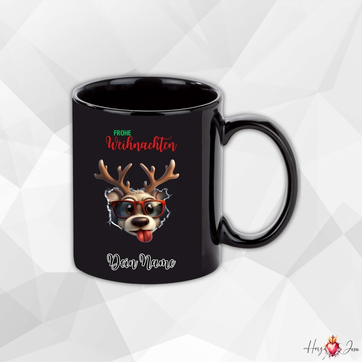 Personalisierte schwarze Keramik Weihnachtstasse mit deinem Namen Weihnachtsgeschenk_0096T - Herz Jesu