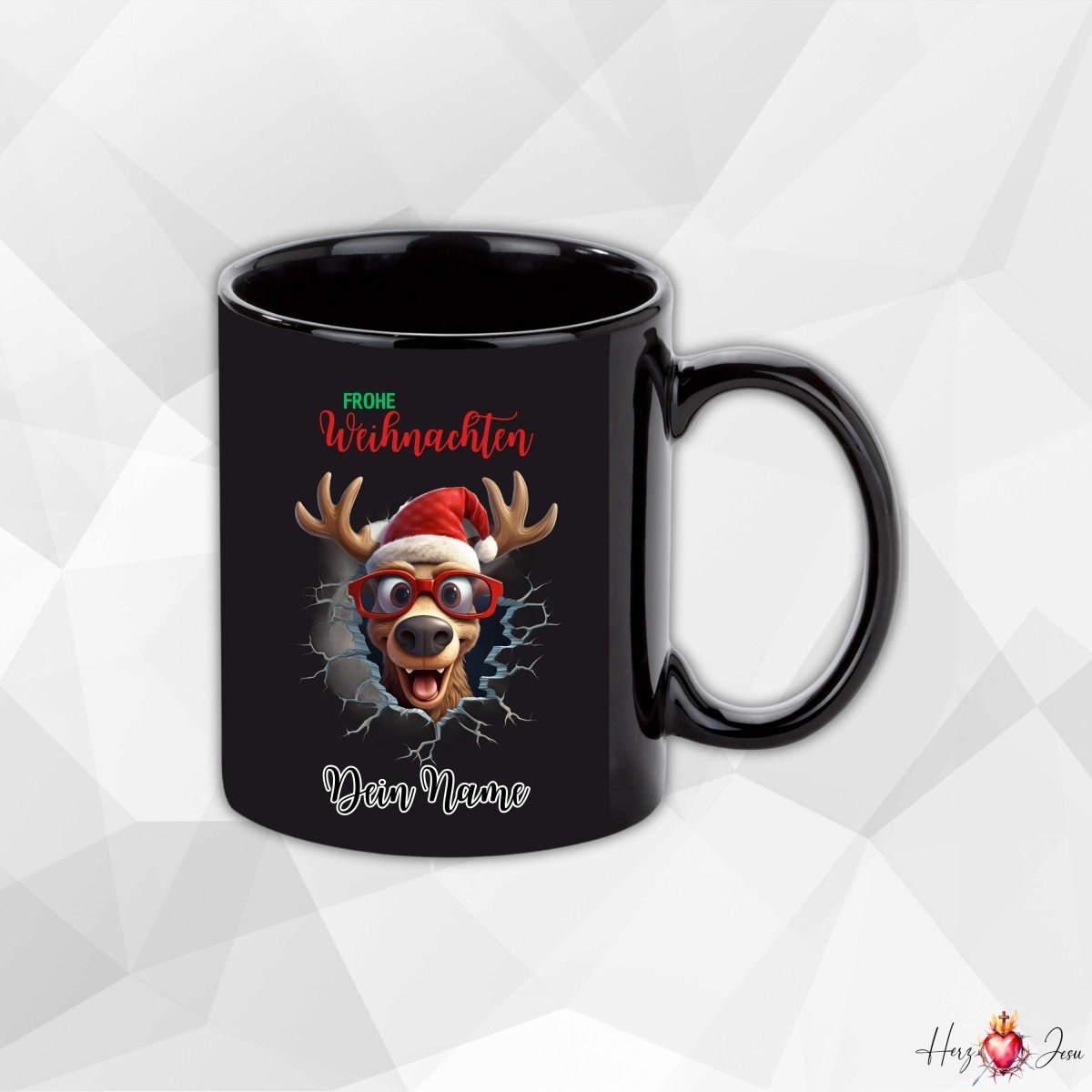 Personalisierte schwarze Keramik Weihnachtstasse mit deinem Namen Weihnachtsgeschenk_0096T - Herz Jesu