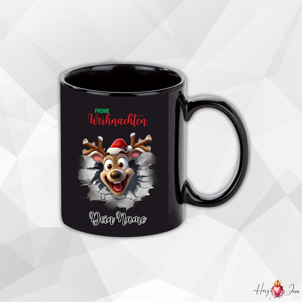 Personalisierte schwarze Keramik Weihnachtstasse mit deinem Namen Weihnachtsgeschenk_0096T - Herz Jesu