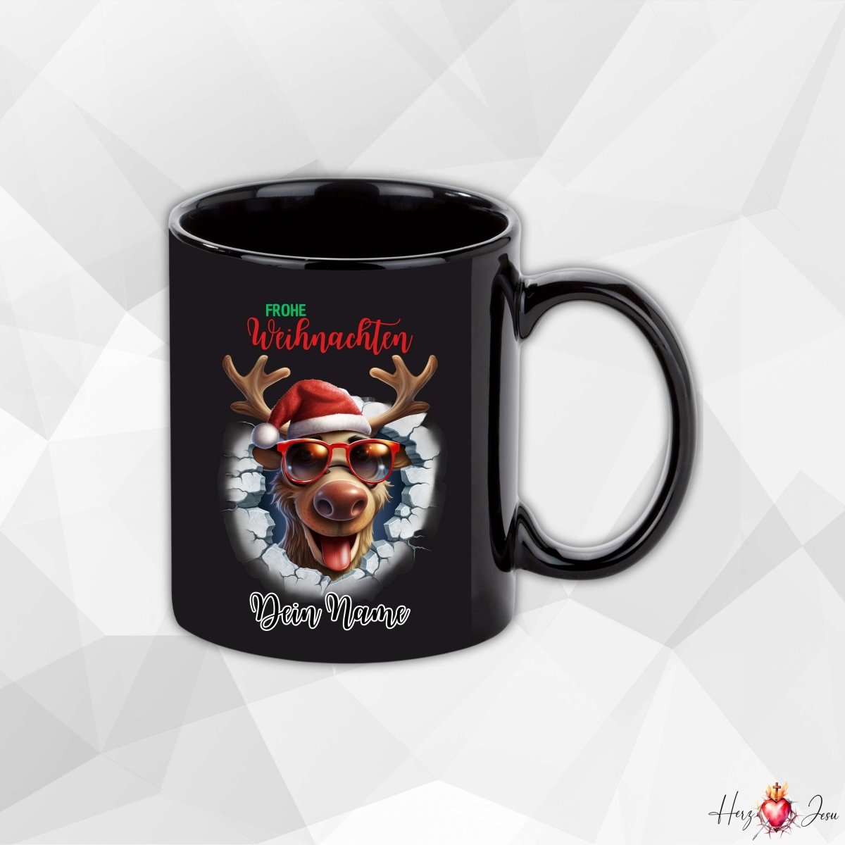 Personalisierte schwarze Keramik Weihnachtstasse mit deinem Namen Weihnachtsgeschenk_0096T - Herz Jesu