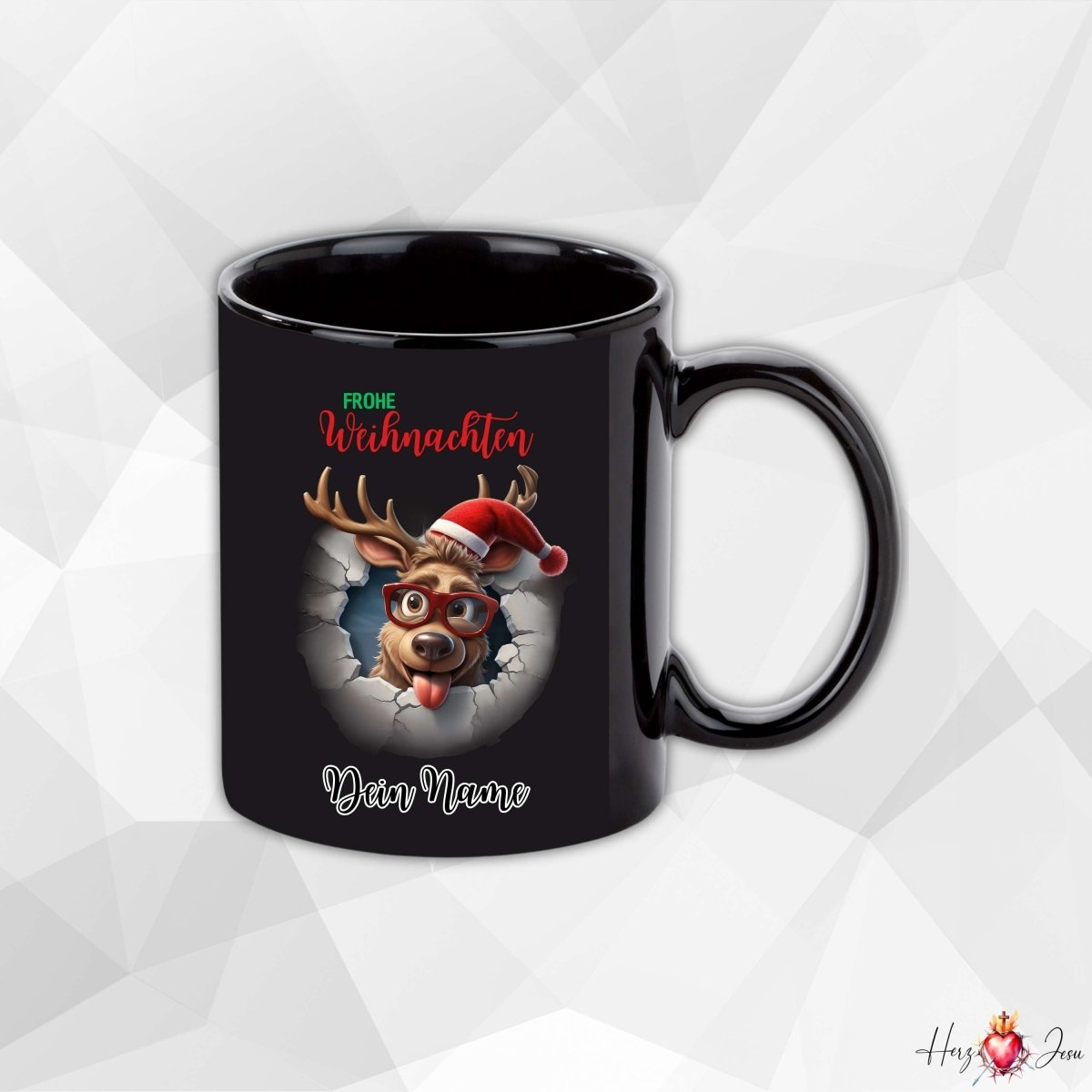 Personalisierte schwarze Keramik Weihnachtstasse mit deinem Namen Weihnachtsgeschenk_0096T - Herz Jesu