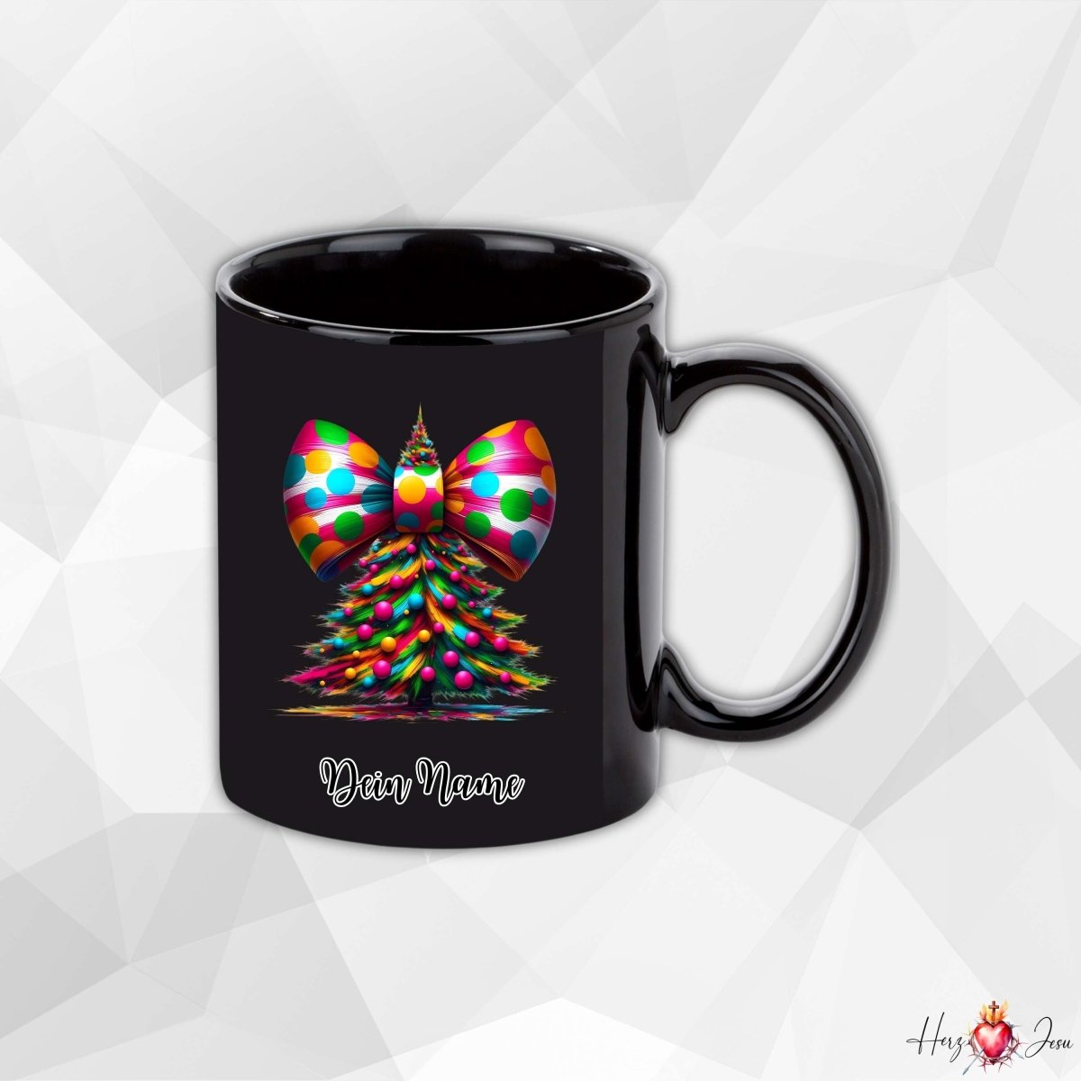 Personalisierte schwarze Keramik Weihnachtstasse mit deinem Namen Weihnachtsgeschenk_0097T - Herz Jesu
