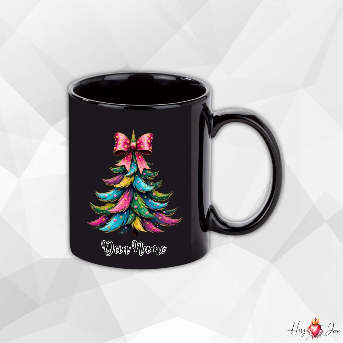 Personalisierte schwarze Keramik Weihnachtstasse mit deinem Namen Weihnachtsgeschenk_0097T - Herz Jesu