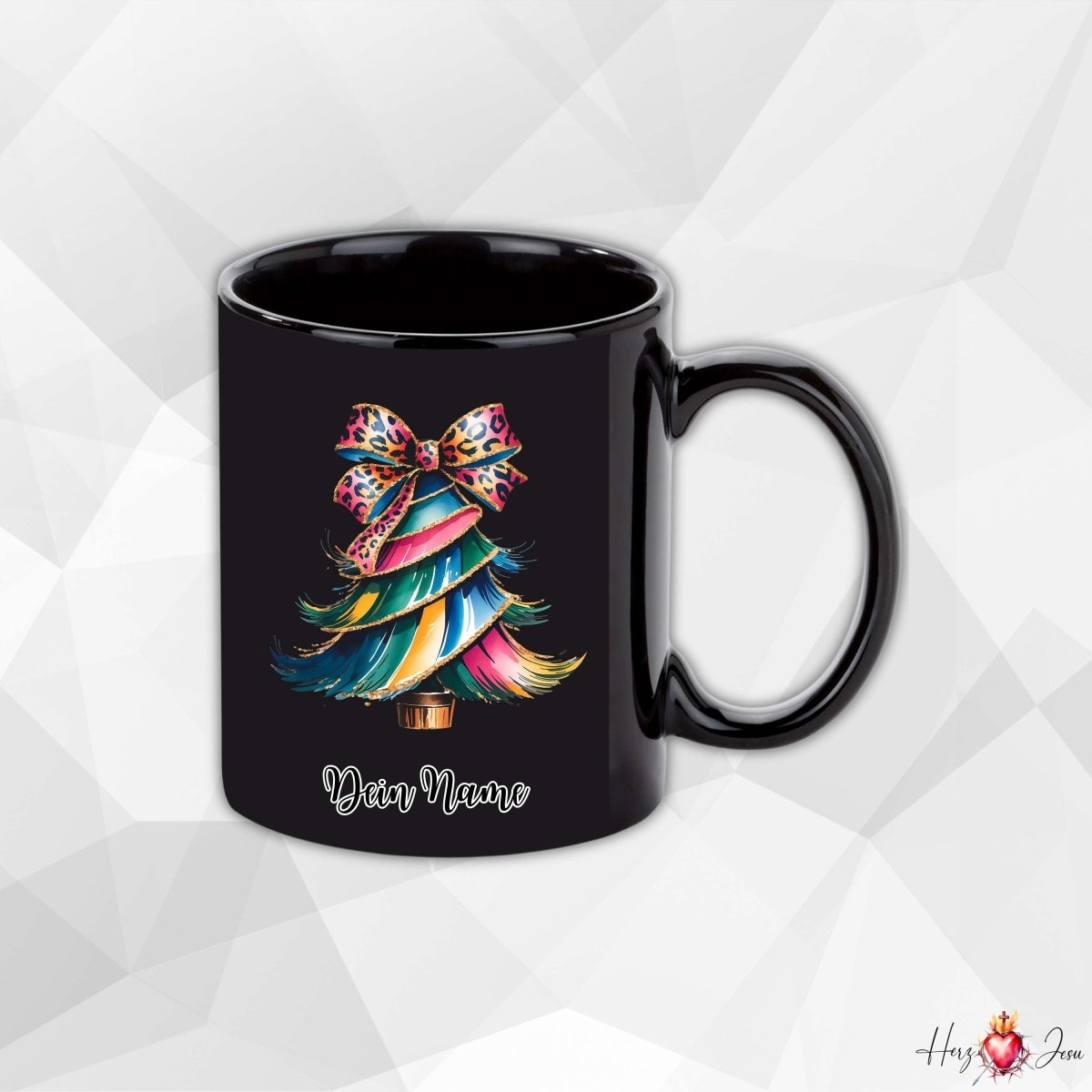 Personalisierte schwarze Keramik Weihnachtstasse mit deinem Namen Weihnachtsgeschenk_0097T - Herz Jesu