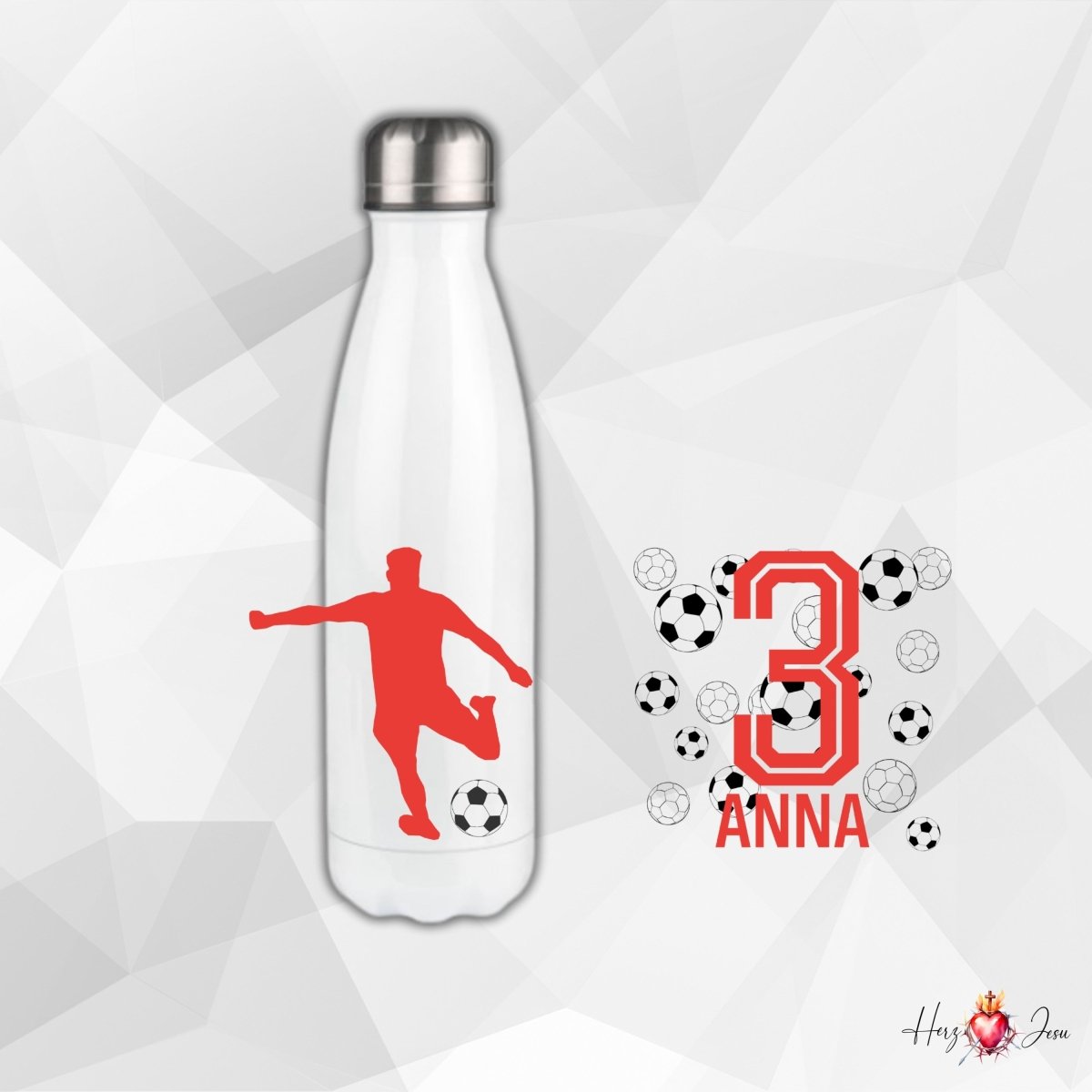 Personalisierte Trinkflasche mit Namen Fußball Thermobecher Geburtstag _0010E - Herz Jesu