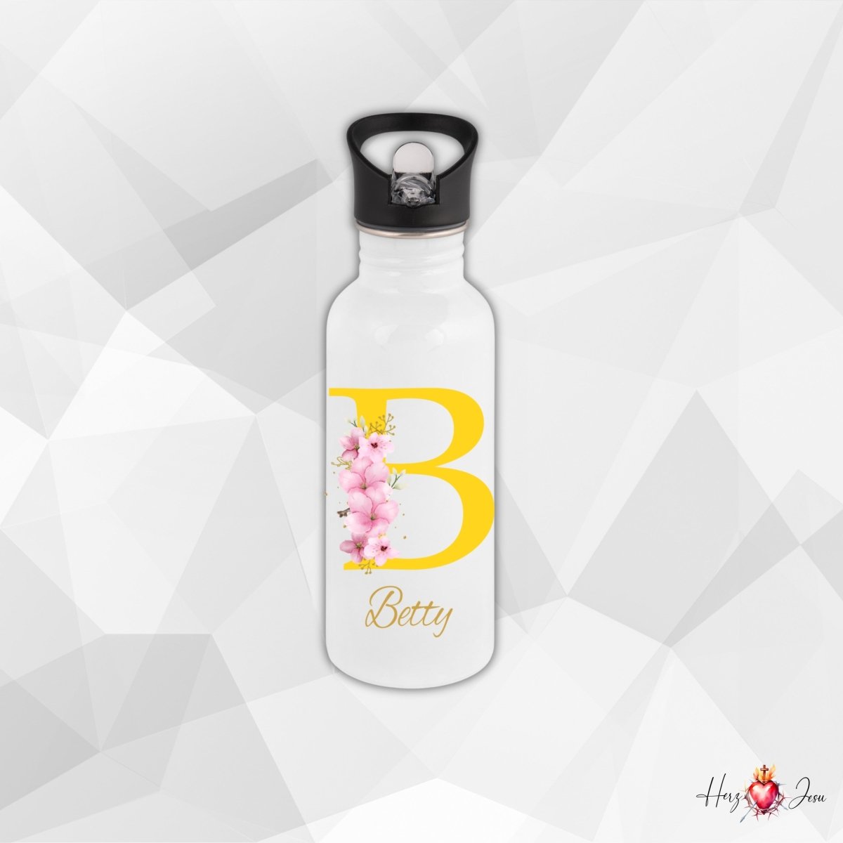 Personalisierte Trinkflasche mit Namen Thermobecher Blumen Geburtstag Geschenkidee_0013E - Herz Jesu