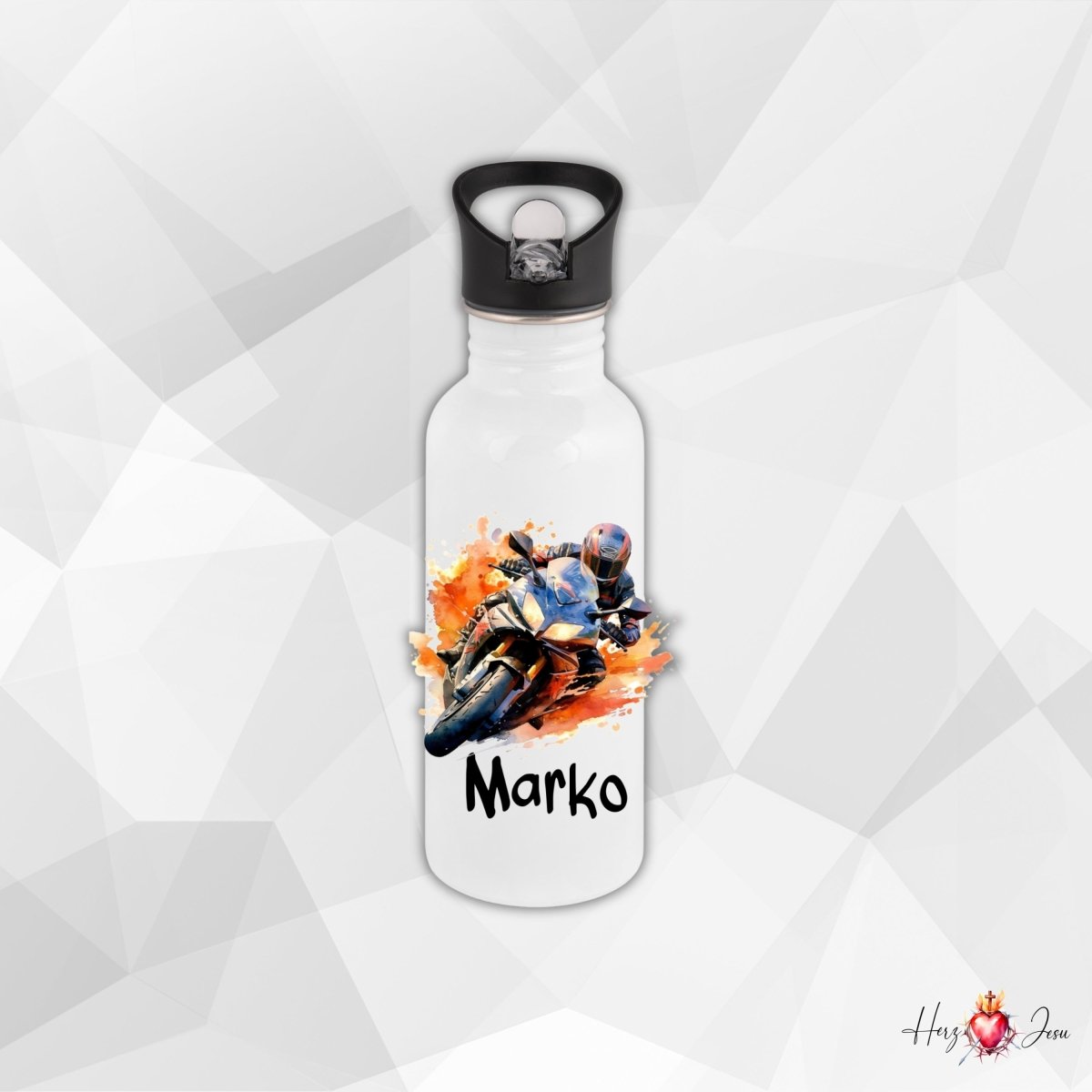 Personalisierte Trinkflasche mit Namen Thermobecher Geburtstag Motorrad_0023E - Herz Jesu
