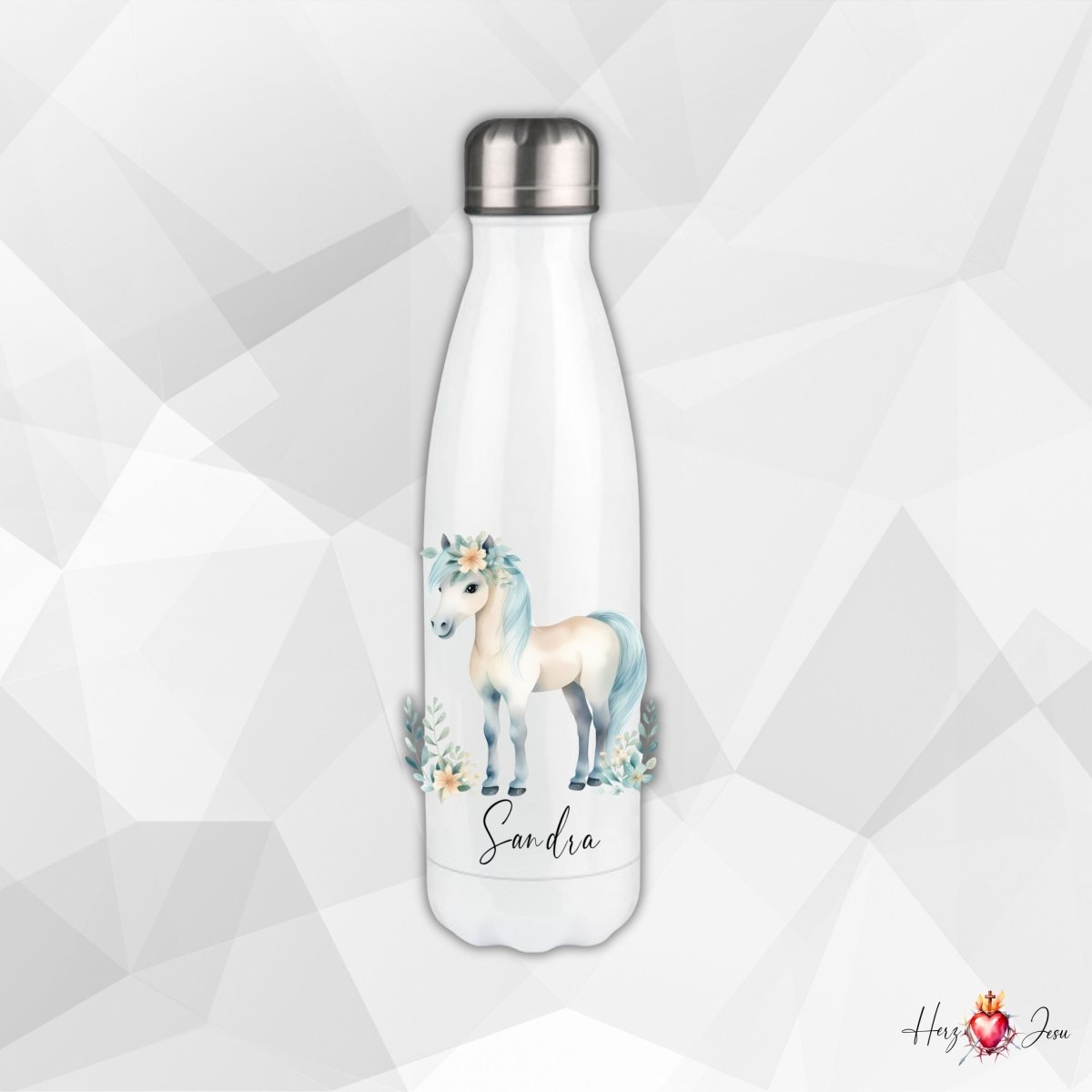 Personalisierte Trinkflasche mit Namen Thermobecher Geburtstag Pferde_0024E - Herz Jesu