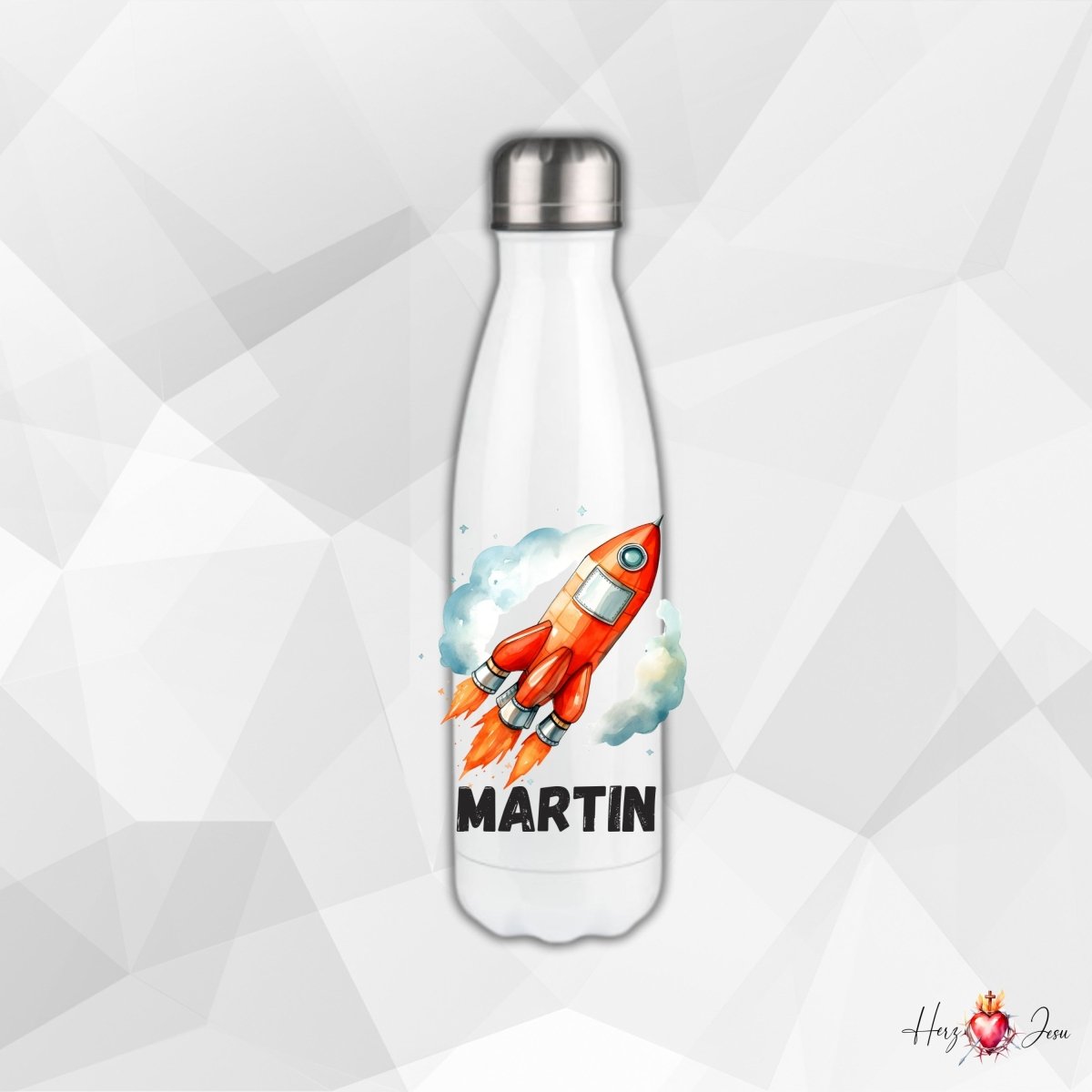 Personalisierte Trinkflasche mit Namen Thermobecher Geburtstag Rakete_0027E - Herz Jesu