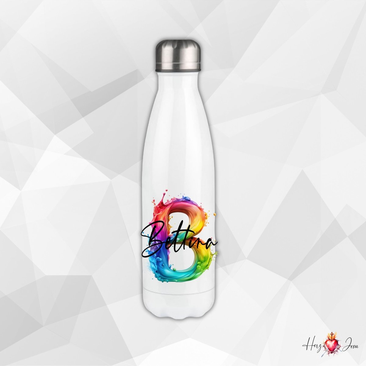 Personalisierte Trinkflasche mit Namen Thermobecher Geburtstag Regenbogen_0025E - Herz Jesu