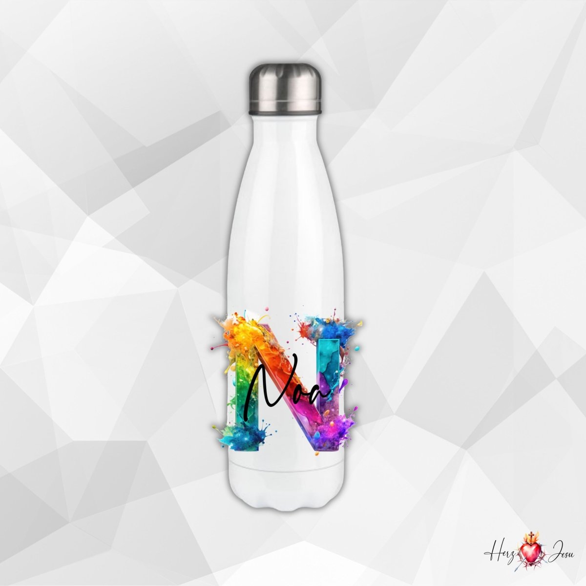Personalisierte Trinkflasche mit Namen Thermobecher Geburtstag Regenbogen_0025E - Herz Jesu