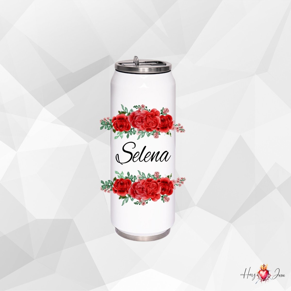 Personalisierte Trinkflasche mit Namen Wasserflasche Blumen Motiv Thermobecher_014E - Herz Jesu