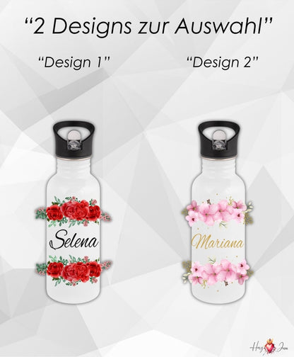 Personalisierte Trinkflasche mit Namen Wasserflasche Blumen Motiv Thermobecher_014E - Herz Jesu