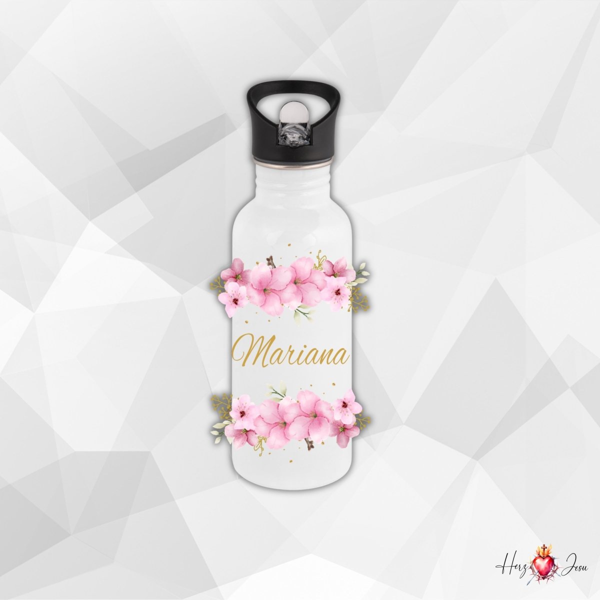 Personalisierte Trinkflasche mit Namen Wasserflasche Blumen Motiv Thermobecher_014E - Herz Jesu