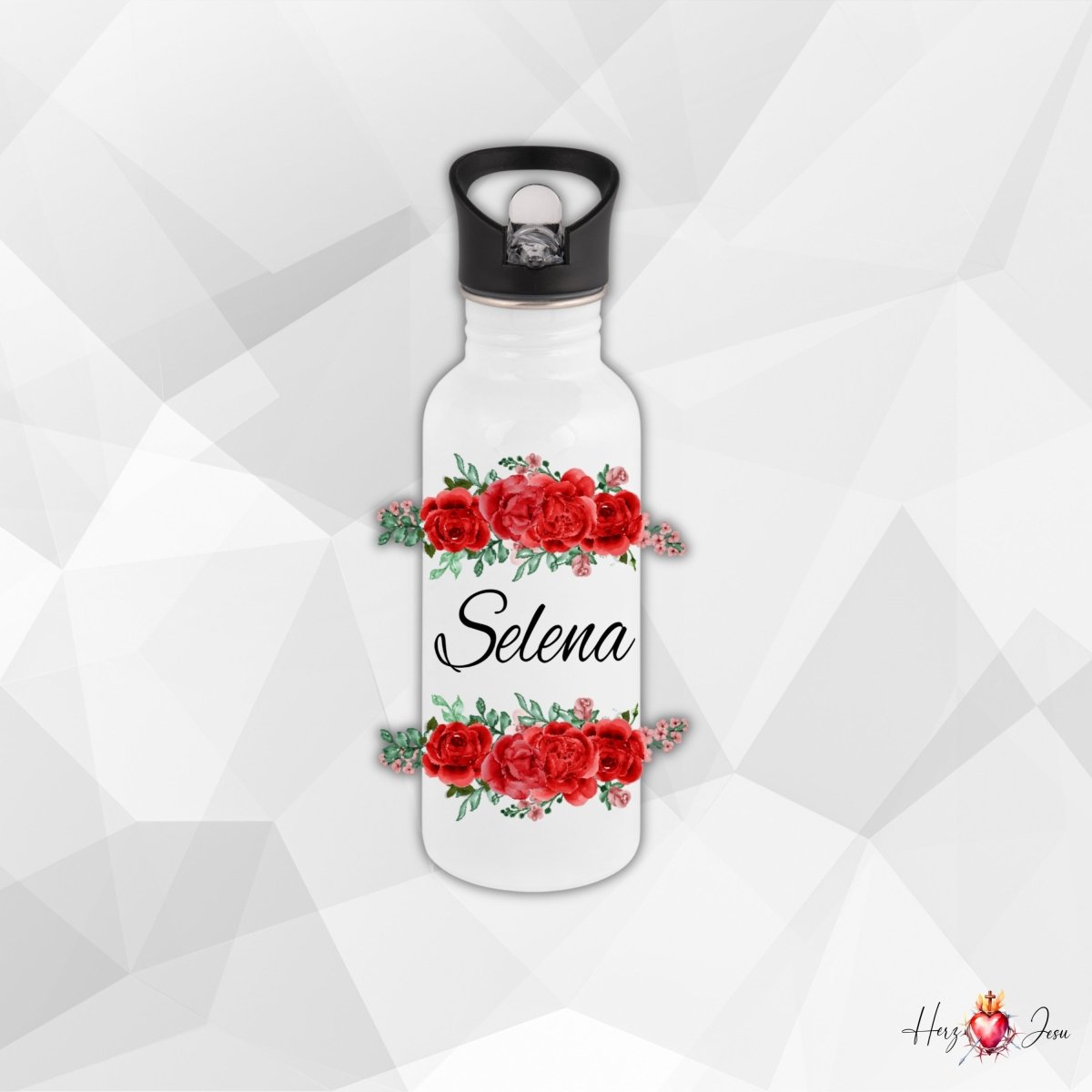 Personalisierte Trinkflasche mit Namen Wasserflasche Blumen Motiv Thermobecher_014E - Herz Jesu