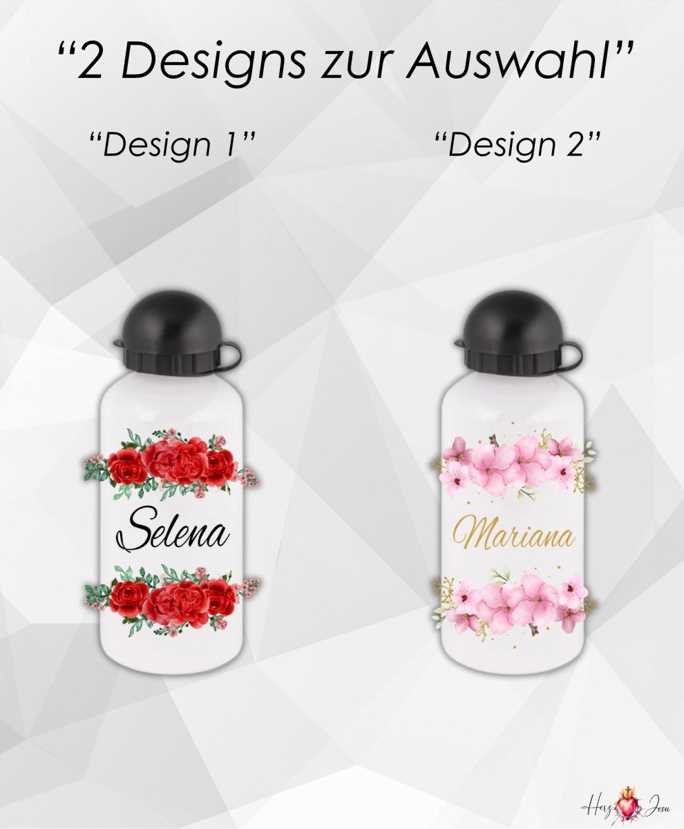 Personalisierte Trinkflasche mit Namen Wasserflasche Blumen Motiv Thermobecher_014E - Herz Jesu