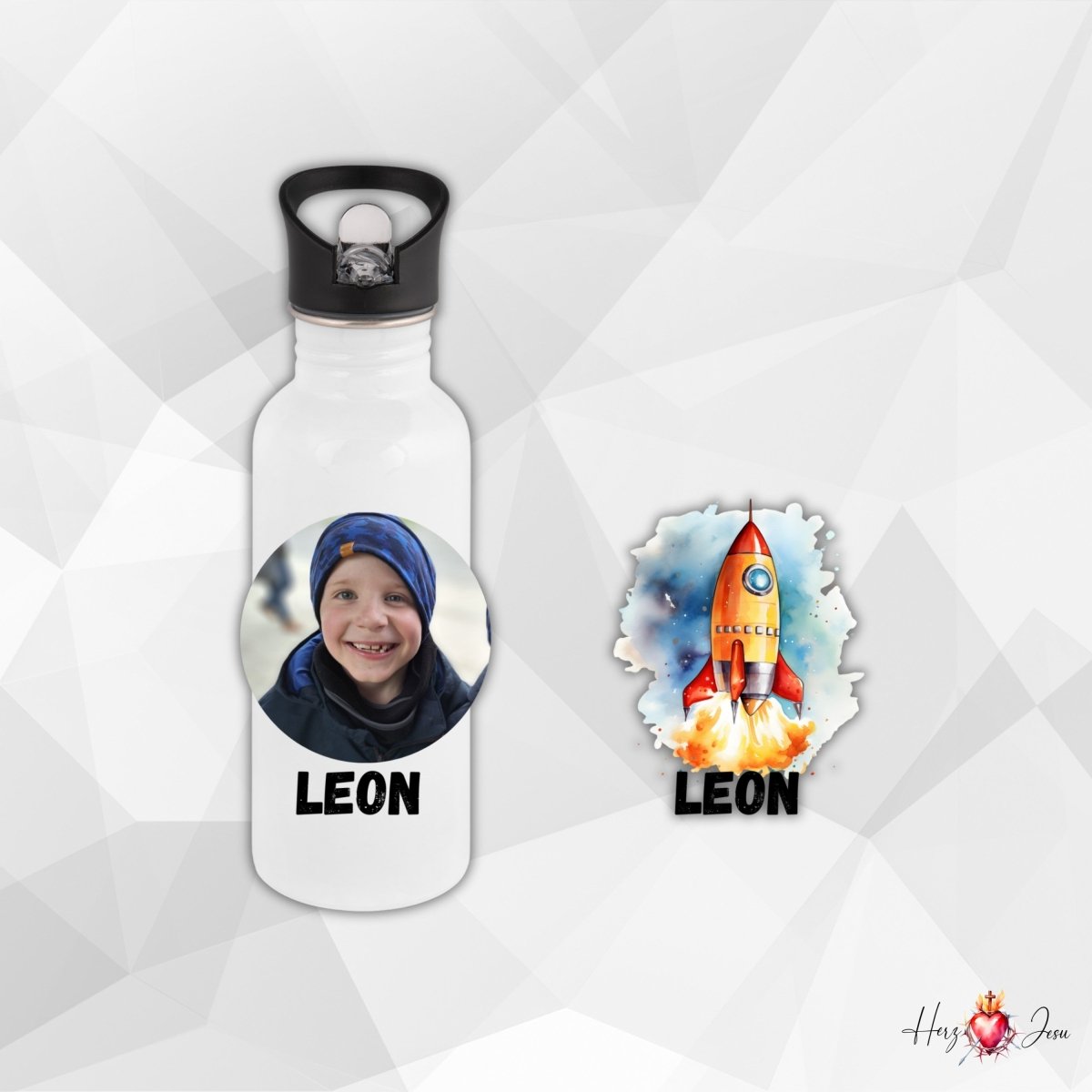 Personalisierte Trinkflasche mit Namen/Bild Wasserflasche Geburtstag Geschenkidee_0003E - Herz Jesu