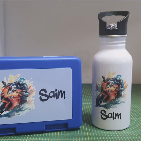 Brotzeitbox mit Trinkflasche | Personalisierbar Motorrad Einschulung